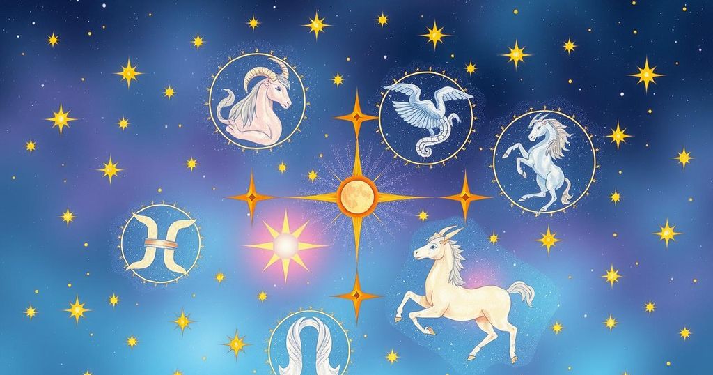 A serene and balanced astrological themed image with zodiac signs, stars and a tranquil colour palette.