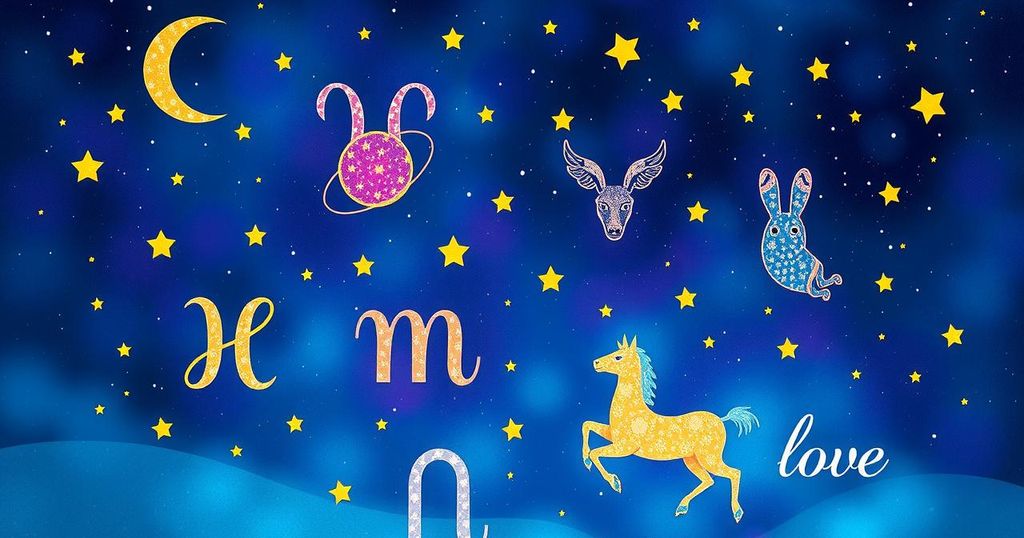 Celestial art depicting the zodiac signs under a starry sky with a vibrant colour scheme, symbolising love and hope.