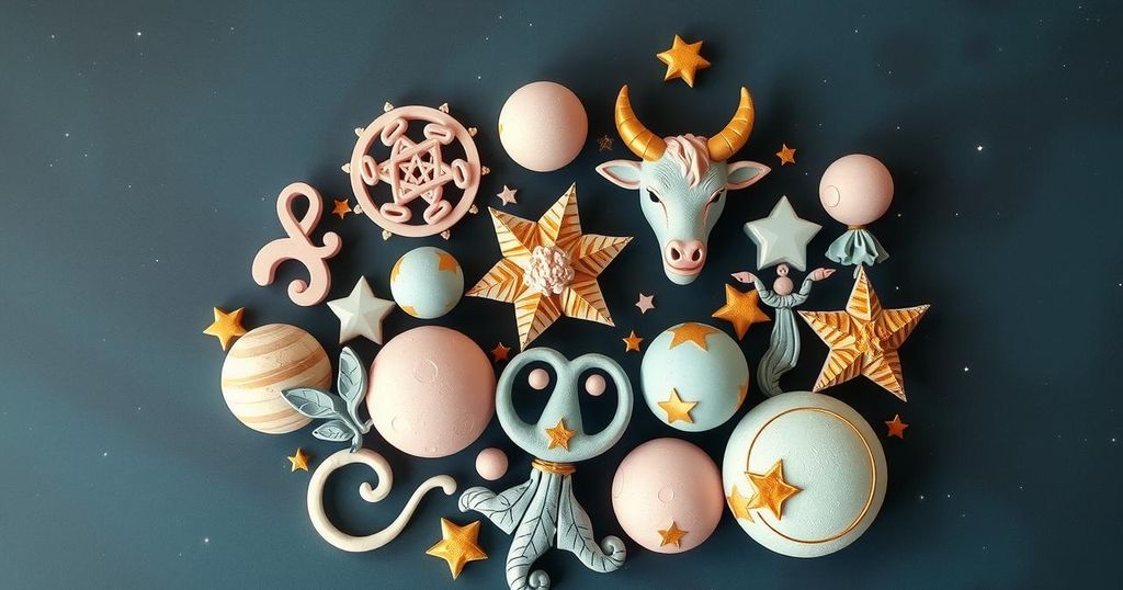 Astrological symbols and zodiac signs against a cosmic background with soft pastels and gold accents.