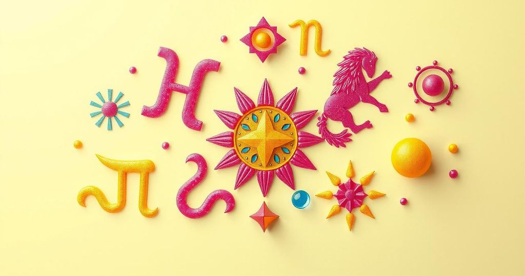 Astrological horoscope symbols designed in a colourful, playful style representing emotional resilience and self-discovery.