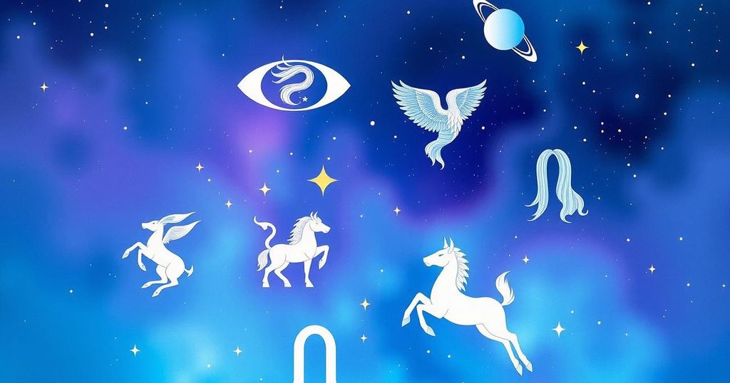 A celestial illustration depicting zodiac signs against a cosmic backdrop, featuring stars and planets with a soothing blue palette.