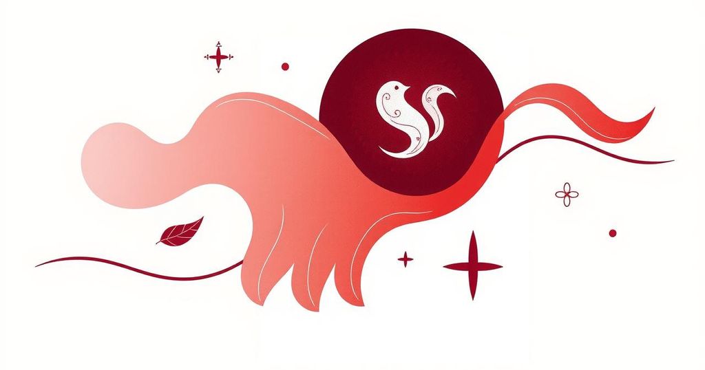 A maroon background with abstract symbols representing cleverness, harmony, and growth without explicit content.