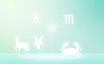 Astrological illustration depicting five zodiac symbols against a soft green and blue pastel background.