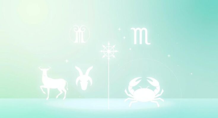 Astrological illustration depicting five zodiac symbols against a soft green and blue pastel background.