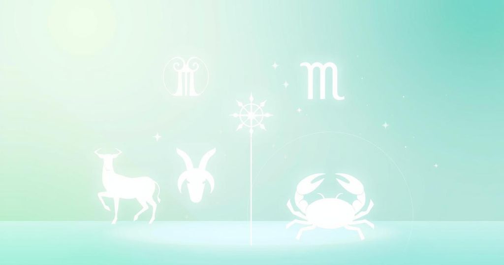 Astrological illustration depicting five zodiac symbols against a soft green and blue pastel background.