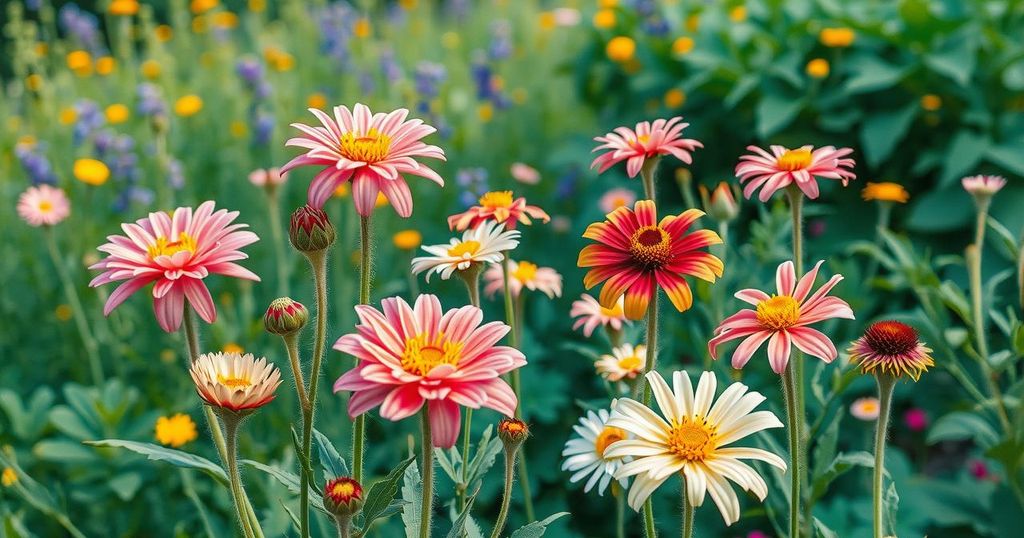 A vibrant garden thriving with flowers and plants, symbolizing growth and harmony, in a cheerful colour palette.