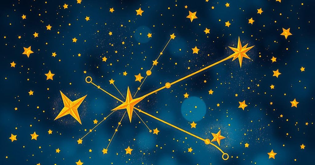 A golden starry night sky with constellations representing Sagittarius, symbolizing positivity and fortune.