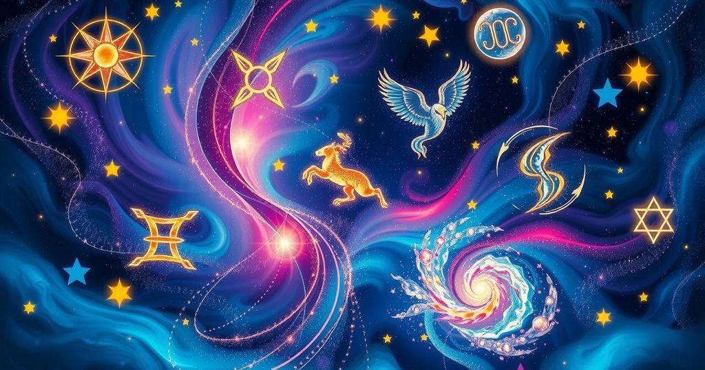 Zodiac signs represented by celestial symbols against a cosmic background highlighting personal growth and transformation.
