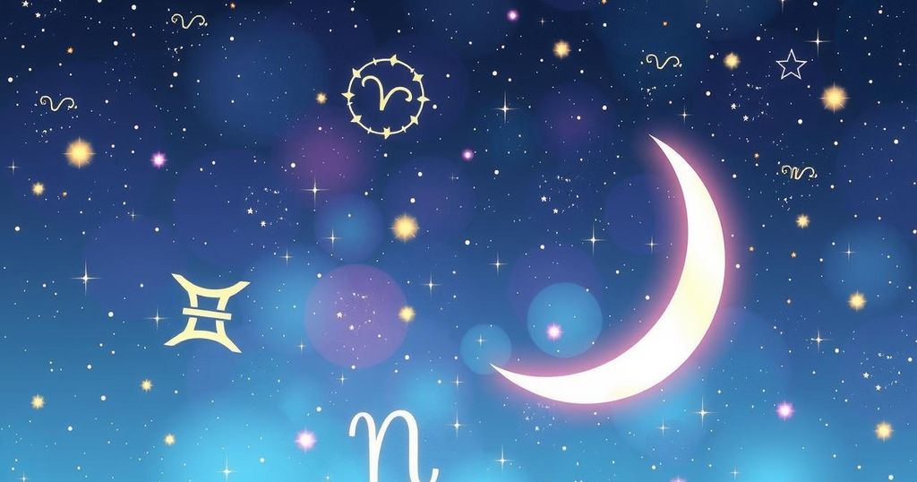 A celestial scene featuring zodiac symbols and a crescent moon, embodying astrology and mindfulness themes.
