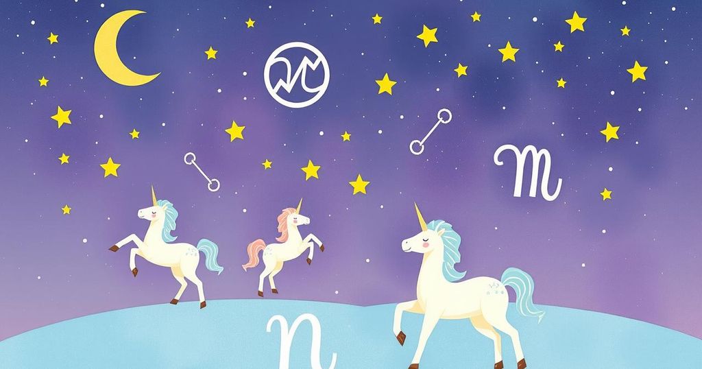 Astrological symbols and zodiac signs surrounded by a cosmic backdrop of stars and constellations in soft pastels.
