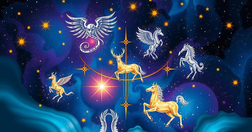 A cosmic scene depicting the zodiac signs under a starry sky with celestial elements in vibrant colours.