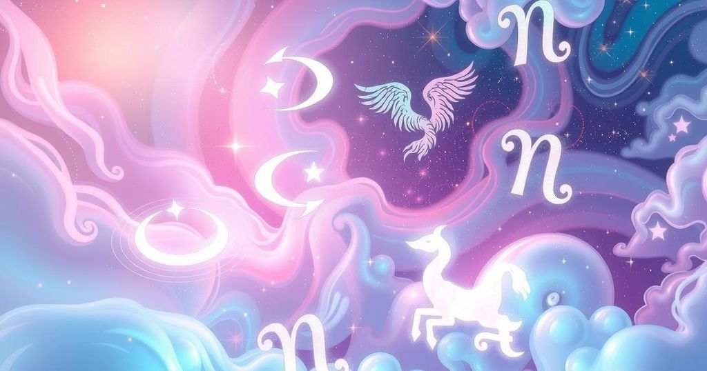 A celestial design showcasing zodiac symbols with soft pastel colours and cosmic elements against a starry backdrop.