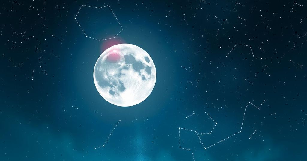 Astrological theme with a full moon, constellations, and a night sky in blue and silver hues, reflecting a cosmic atmosphere.