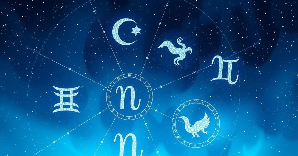 A starry night sky with the zodiac symbols, dominated by shades of blue and silver, representing astrology.