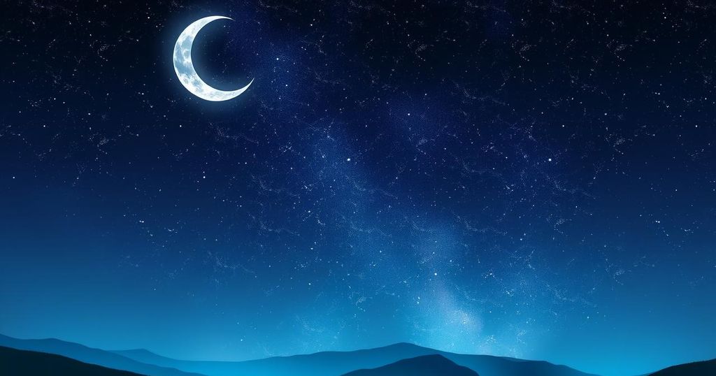 A mystical night sky with a crescent moon, twinkling stars, and symbols of the zodiac representing astrology.