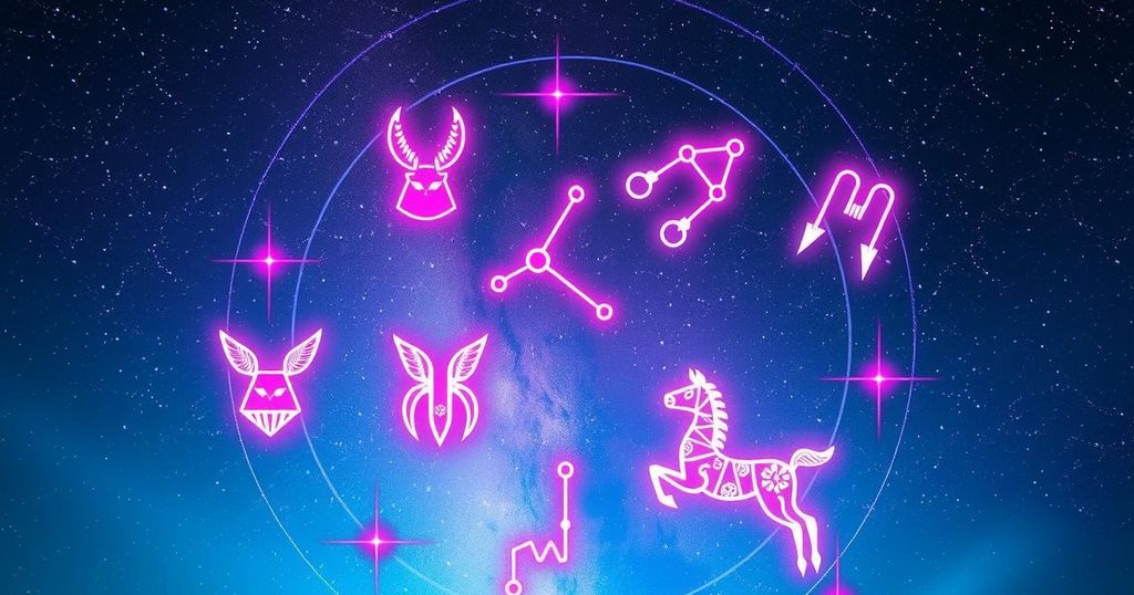 Astrology symbols with zodiac constellations, vibrant cosmic background in soft pastels.