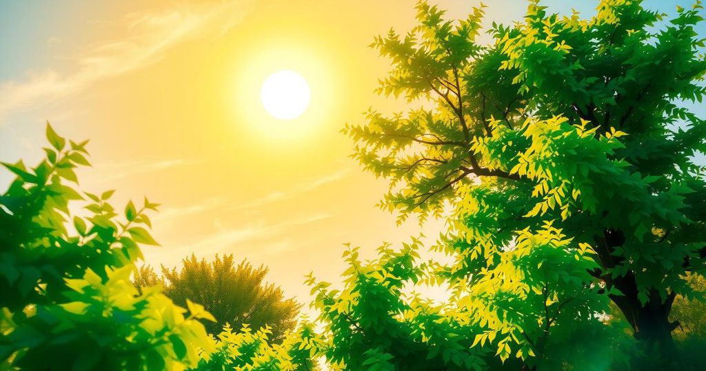 A vibrant sun with warm colours radiating positivity among lush green nature, symbolising high morale and prosperity.
