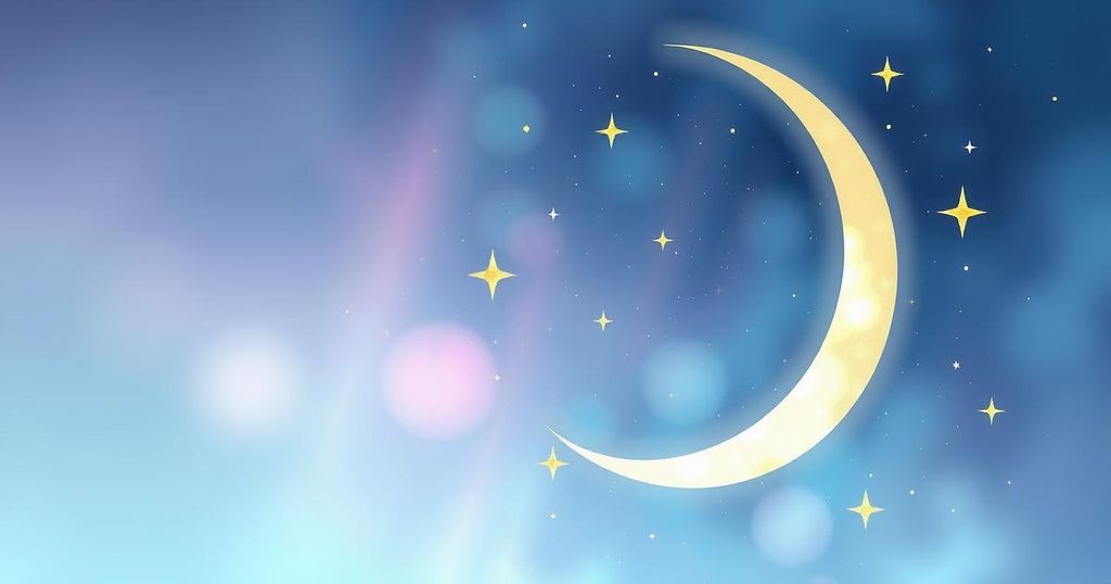 A celestial background with a crescent moon in Pisces sign, soft pastel colours, depicting horoscope themes and astrology.