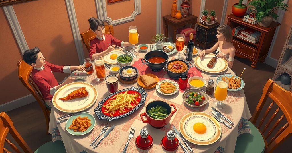 A vibrant dinner scene with a casual gathering of friends enjoying food and drinks, in warm colours.