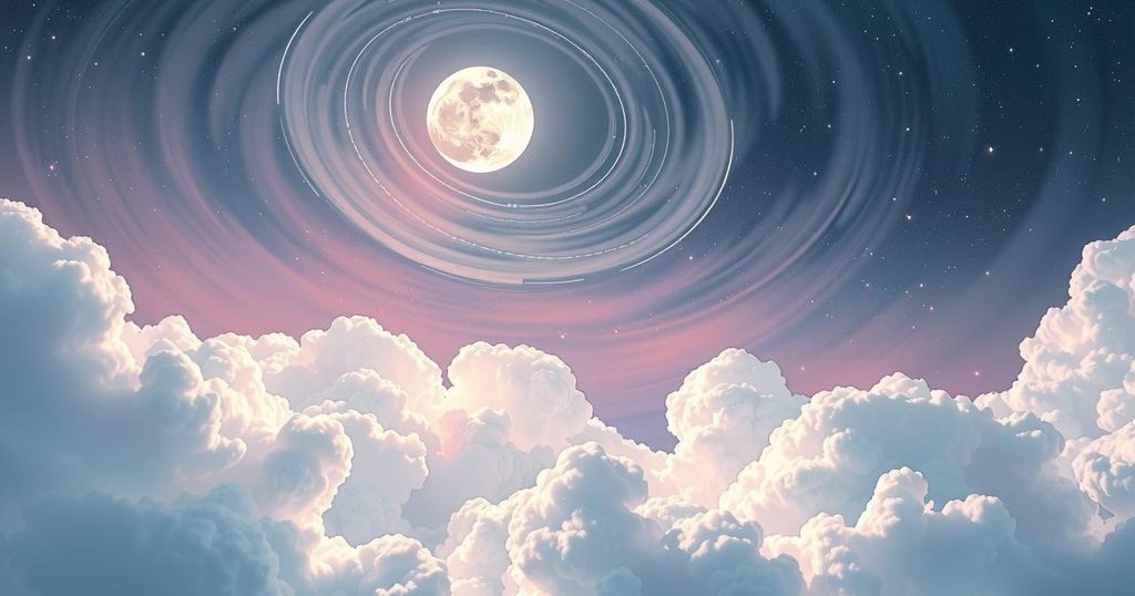 A cosmic themed scene illustrating lunar cycles, astrology, and intention setting with soft colours and swirling clouds.