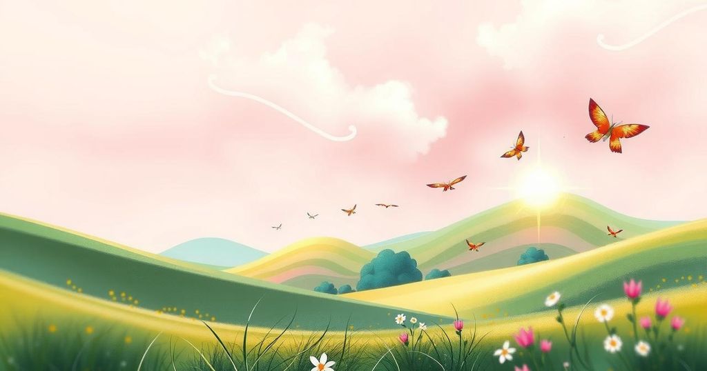 A serene landscape with gentle pink hues, symbolizing positivity and growth, reflecting an uplifting atmosphere.