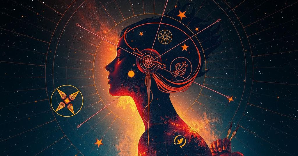 Astrological predictions for January, depicting zodiac symbols with a starry night background and warm colours.