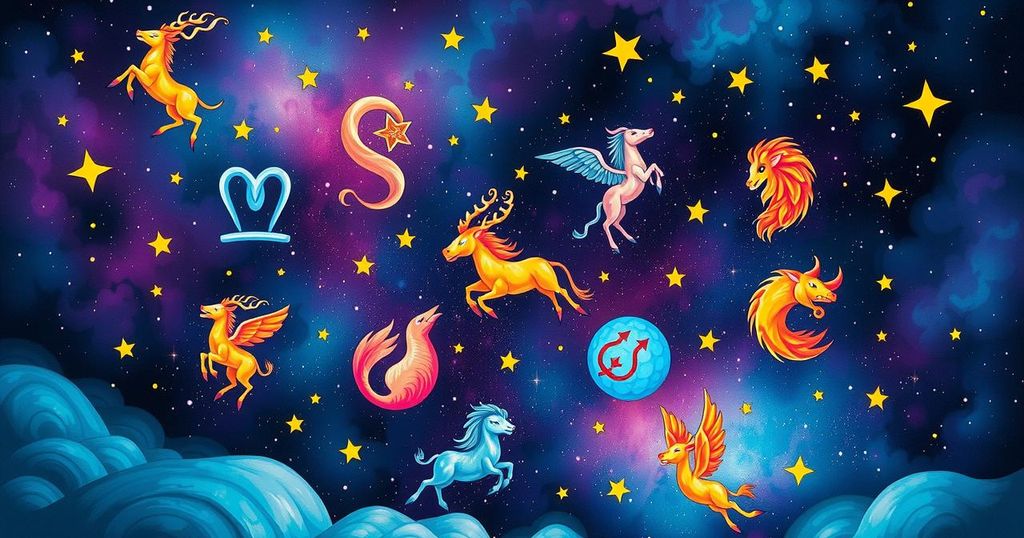 Astrological symbols representing zodiac signs with vibrant colours and a cosmic theme for weekly horoscopes.