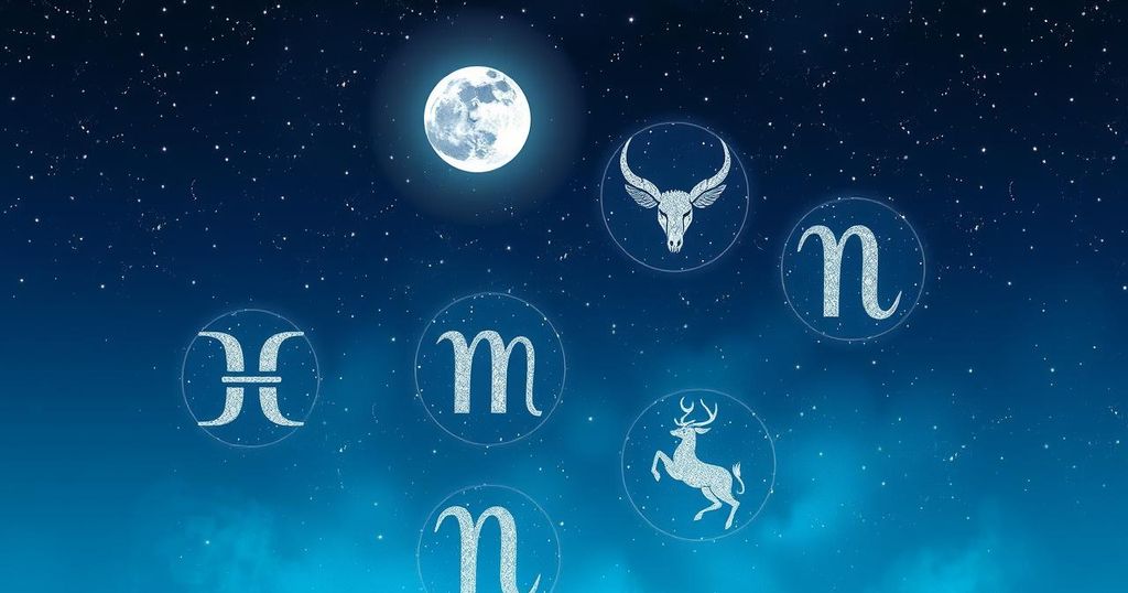 Celestial-themed design with zodiac symbols and a serene night sky, conveying astrology and cosmic energy.