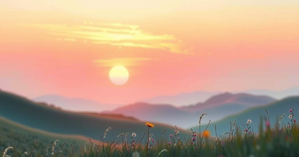 A peaceful landscape depicting a serene sunset over rolling hills with soft pastel colours, evoking tranquility and introspection.