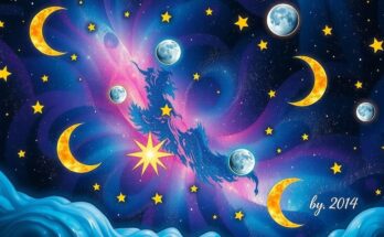 A celestial scene depicting zodiac signs in a mystical starry night, showcasing themes of transformation and connection.