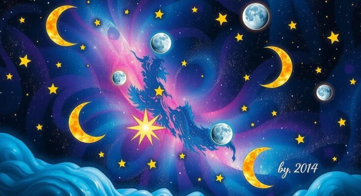 A celestial scene depicting zodiac signs in a mystical starry night, showcasing themes of transformation and connection.