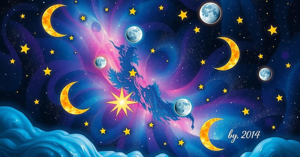 A celestial scene depicting zodiac signs in a mystical starry night, showcasing themes of transformation and connection.