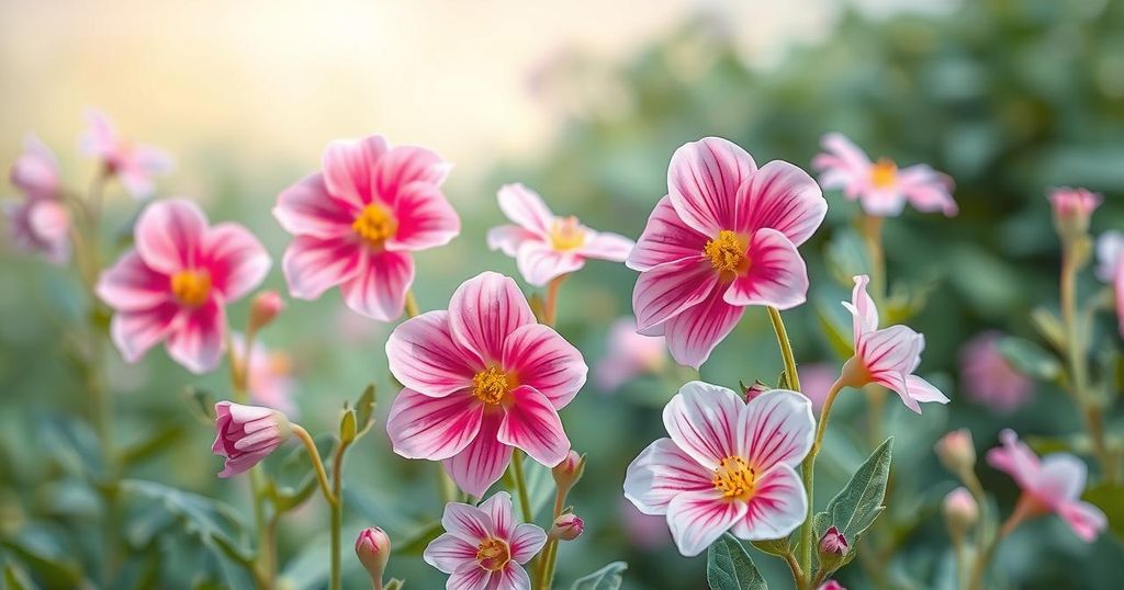 A serene landscape with blooming flowers in light pink hues, depicting positivity and growth in life.