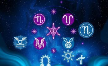 Astrological symbols representing zodiac signs on a starry background with a cosmic vibe.