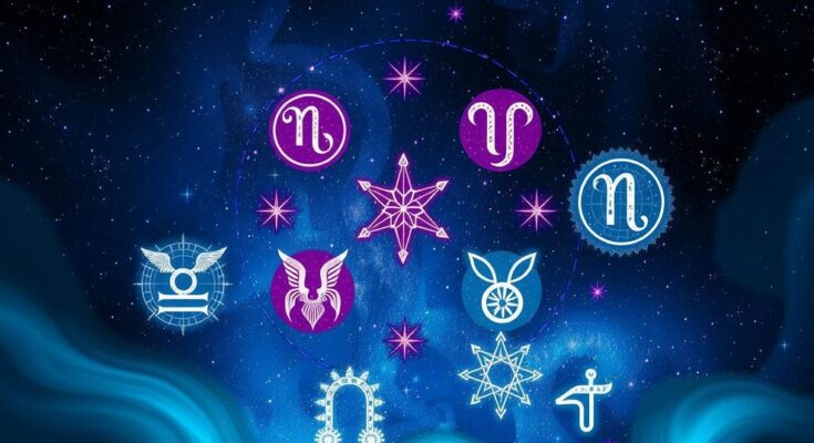 Astrological symbols representing zodiac signs on a starry background with a cosmic vibe.
