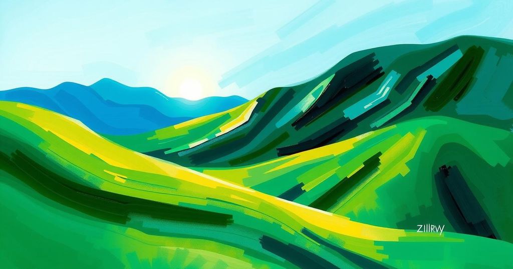 A serene landscape of green hills under a clear blue sky, symbolising positivity and high morale.