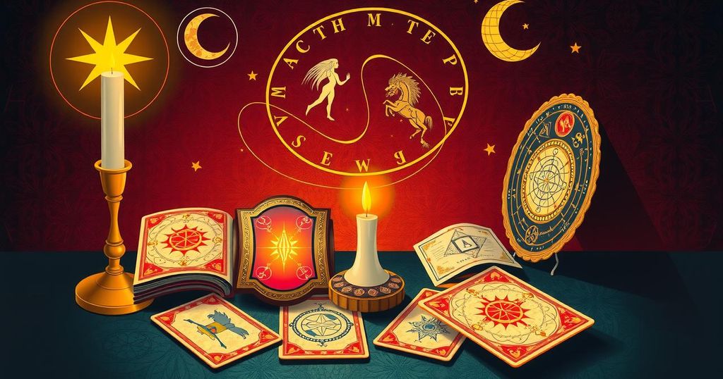 A vibrant representation of a fortune-telling scene with tarot cards and astrological symbols in warm tones.