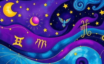 Astrology-themed illustration depicting zodiac signs in celestial alignment with vibrant hues of purple and blue.