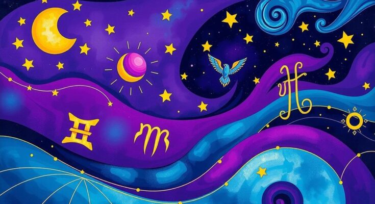 Astrology-themed illustration depicting zodiac signs in celestial alignment with vibrant hues of purple and blue.