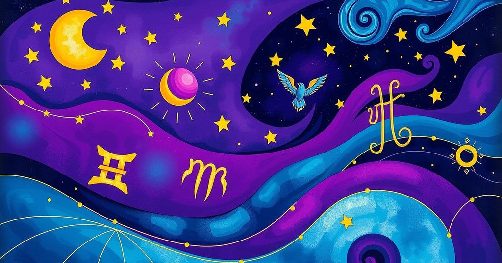 Astrology-themed illustration depicting zodiac signs in celestial alignment with vibrant hues of purple and blue.