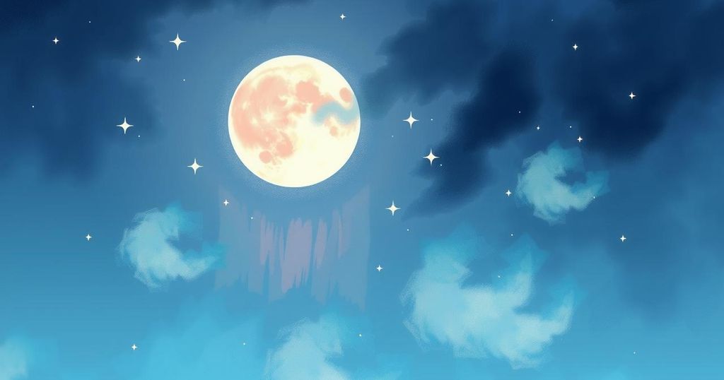 A serene night sky with a radiant new moon, decorated with twinkling stars in soft pastel colours.