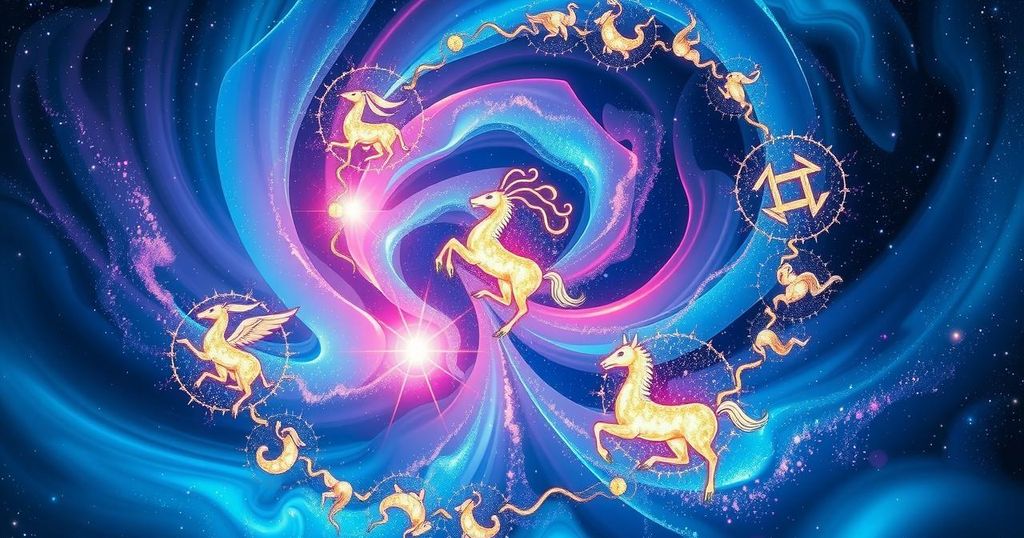Five zodiac signs representing transformation and power under the stars, in vibrant cosmic colors.