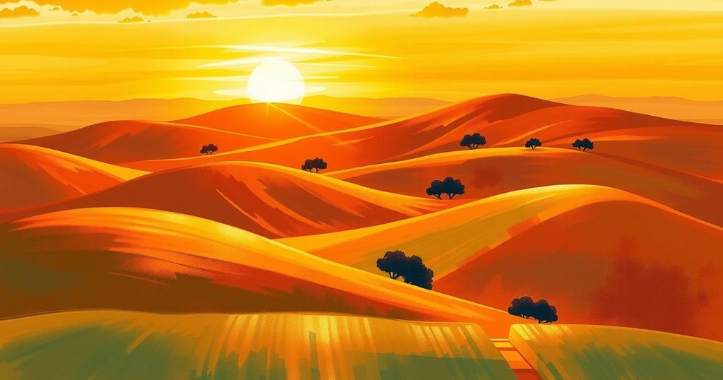 A serene landscape depicting the essence of commitment and focus in a vibrant orange colour scheme.