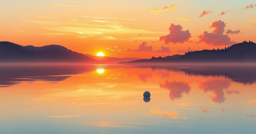 A calming scene of nature, featuring a tranquil sunset over a serene landscape with warm colours.