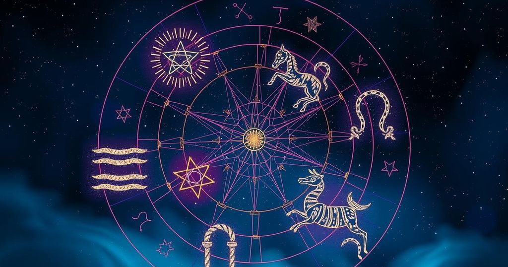 Astrological symbols representing zodiac signs surrounded by cosmic elements and soft starry backgrounds.