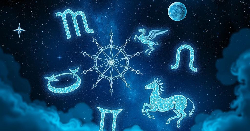 A celestial scene depicting zodiac signs in a starry night sky with deep blue and silver tones.