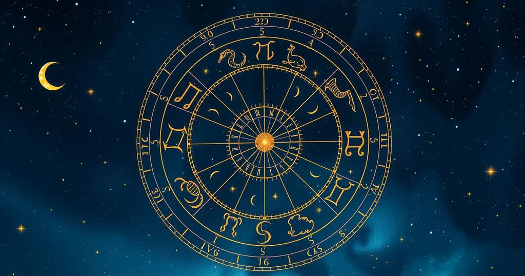 A celestial zodiac wheel with constellations against a deep blue night sky, featuring stars and moons.