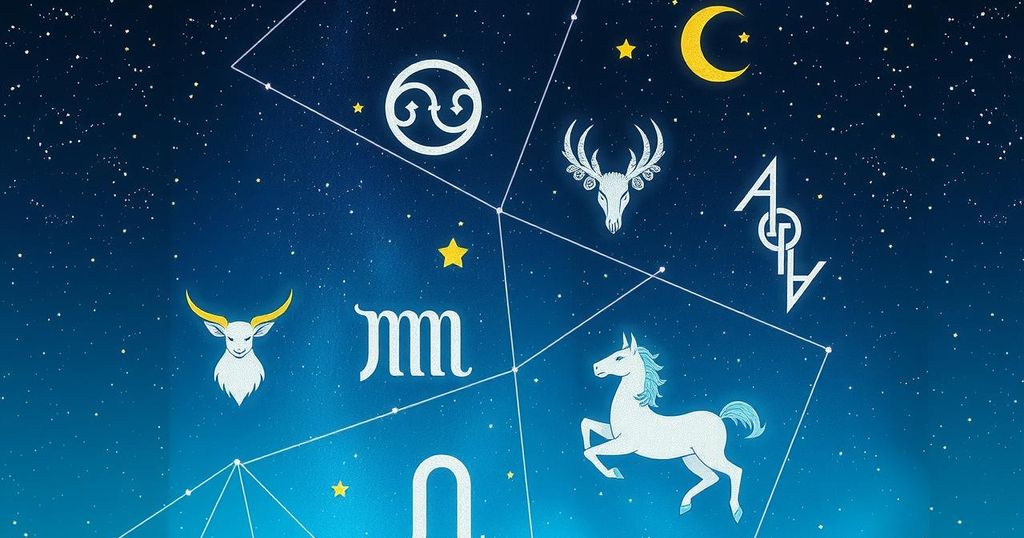 Astrological symbols and a starry night sky with zodiac signs and pastel colours representing horoscopes.