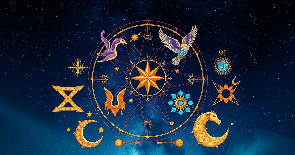 Astrological symbols arranged artistically on a vibrant cosmic background, showcasing zodiac signs with a celestial touch.