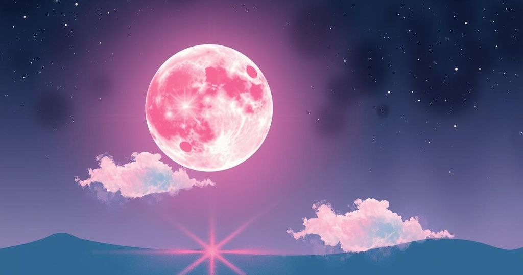 Celestial scene with the Pink Moon in Libra among stars, symbolizing cosmic shifts and emotional clarity.
